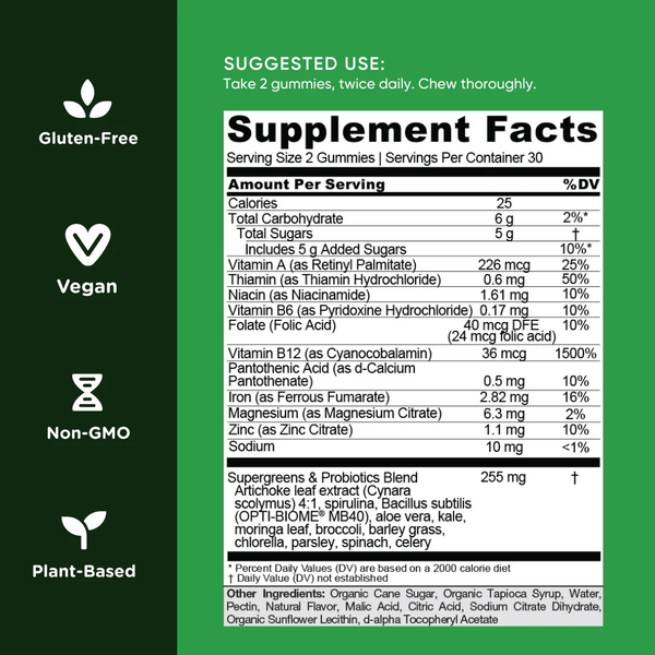 Nutrition Supergreens Gummies, Super Green and Probiotic Blend Dietary Supplement, 60 Count