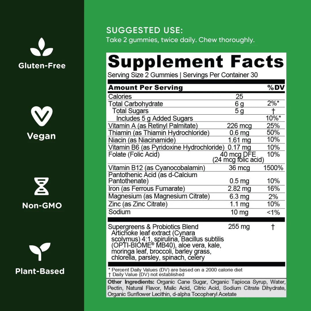 Nutrition Supergreens Gummies, Super Green and Probiotic Blend Dietary Supplement, 60 Count